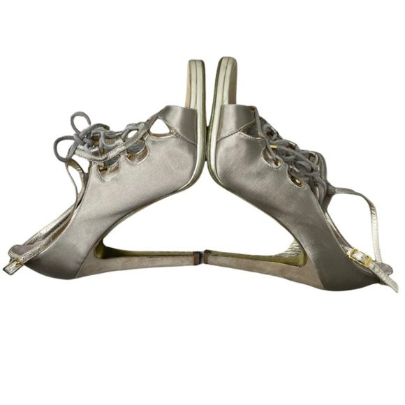 ROBERTO CAVALLI Women's Gold Satin Leather Strappy Lace Up Detail Heels Size37.5 - Picture 10 of 11